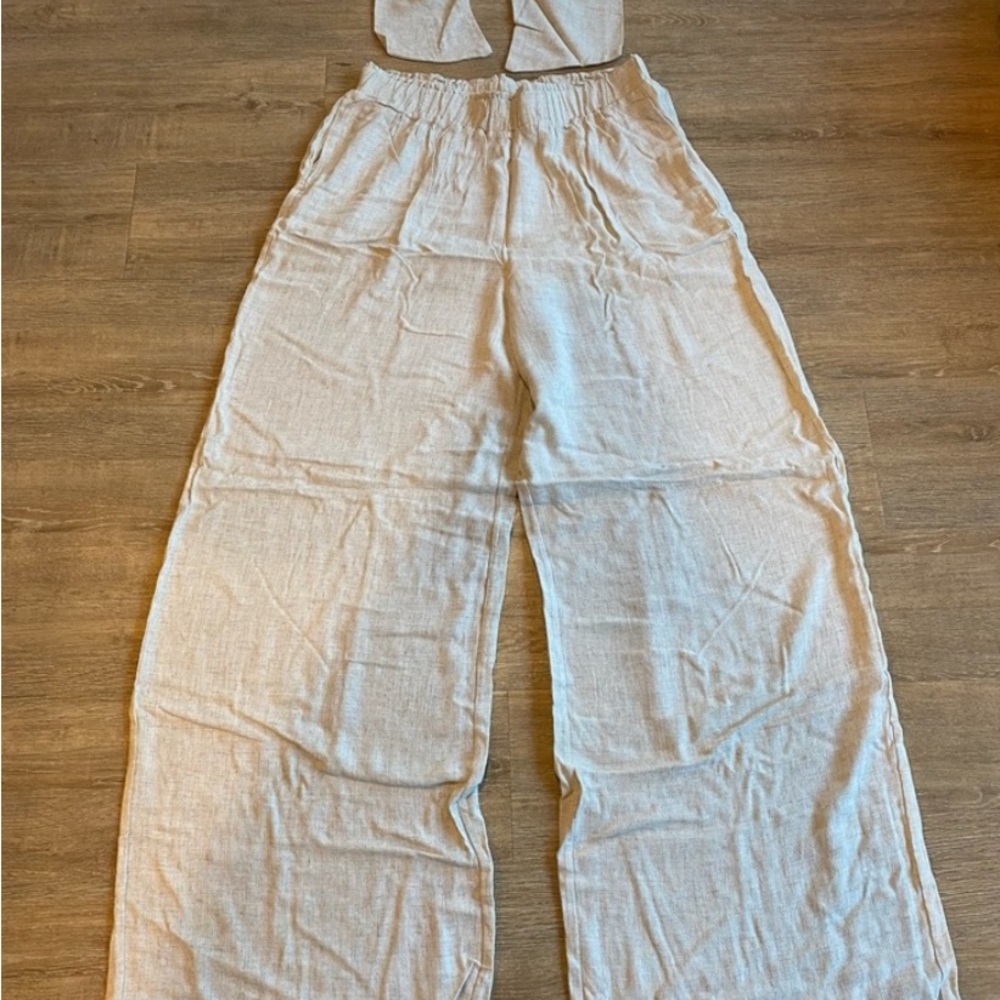 Women's Cream Wide-Leg Linen Pants